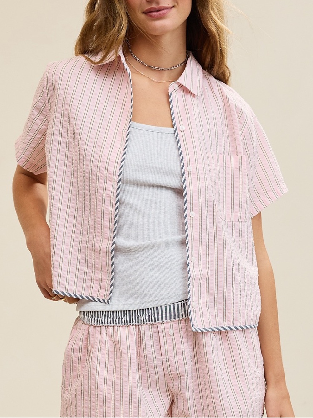 Aerie Pink Striped Seersucker Shirt